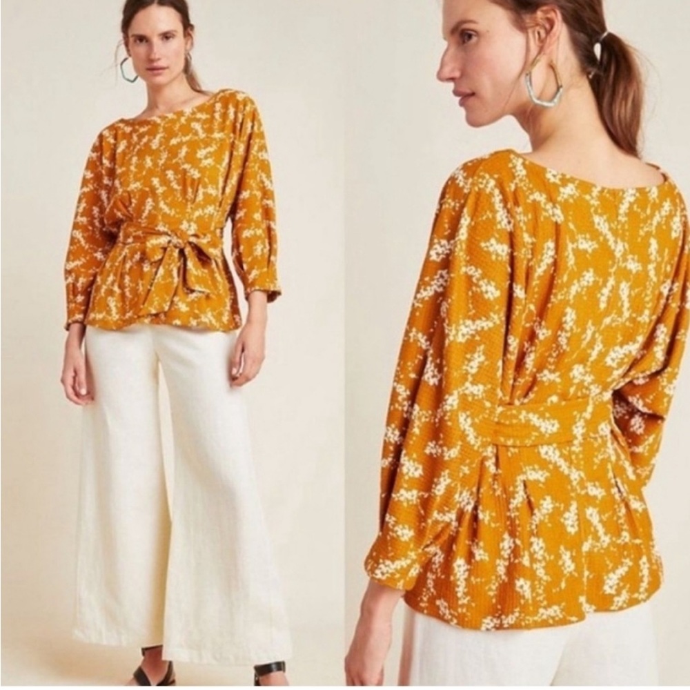 Anthropologie Mustard Floral Tie-Waist Top